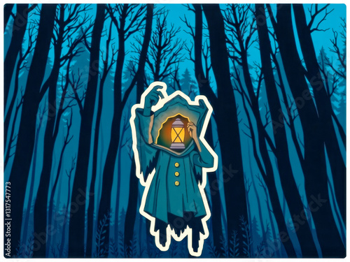 Obraz na płótnie A creepy figure with a lantern in its hand stands in a dark forest. The lantern casts a dim light on the figure, creating an eerie atmosphere. Concept of mystery and unease w salonie