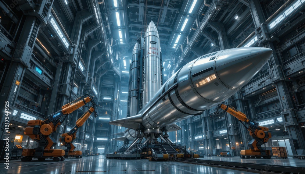 Naklejka premium Futuristic Rocket in High-Tech Launch Facility with Robots