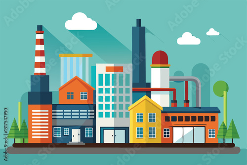 A vibrant representation of various factory buildings with smokestacks and a mix of colors and shapes, Set of factory buildings,