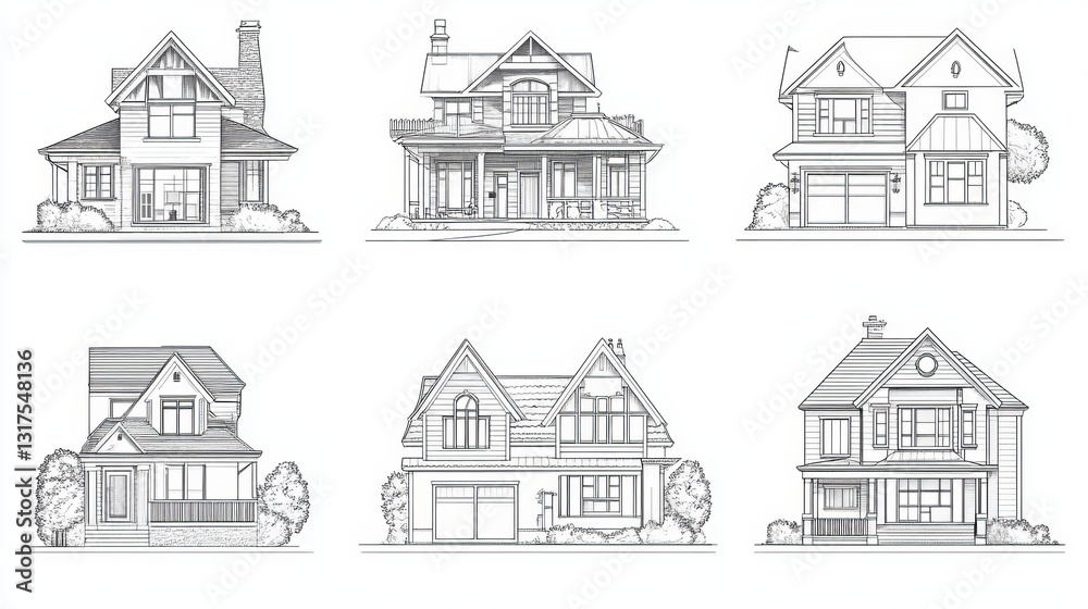 Fototapeta premium Cottage houses, vector illustration. Set of cottages and townhouses in various styles for buildings facade design and home exterior, line art, front view isolated on white.