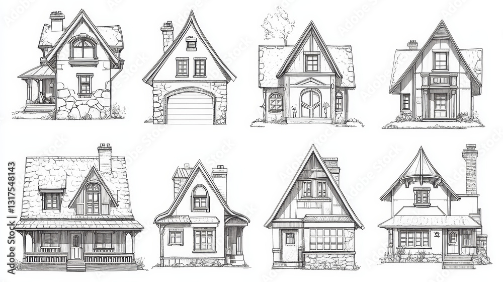 Naklejka premium Cottage houses, vector illustration. Set of cottages and townhouses in various styles for buildings facade design and home exterior, line art, front view isolated on white.
