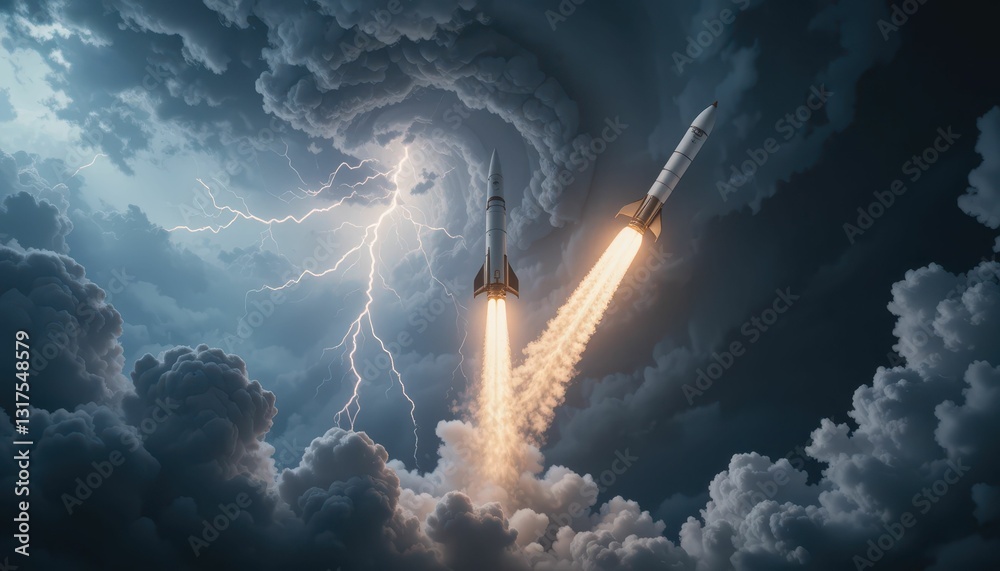 Obraz premium Rockets Launching Through Dramatic Stormy Skies with Lightning