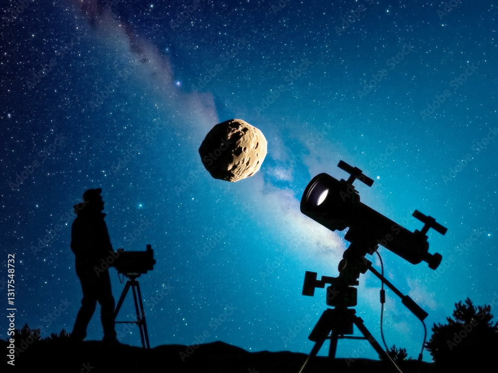 A man is standing next to a telescope and looking at the sky. The sky is filled with stars and a large rock is visible in the distance