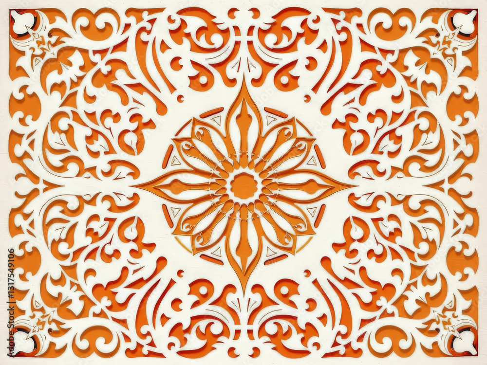 A decorative piece of art with a flower design in the center. The flower is surrounded by intricate patterns and designs. Scene is elegant and sophisticated