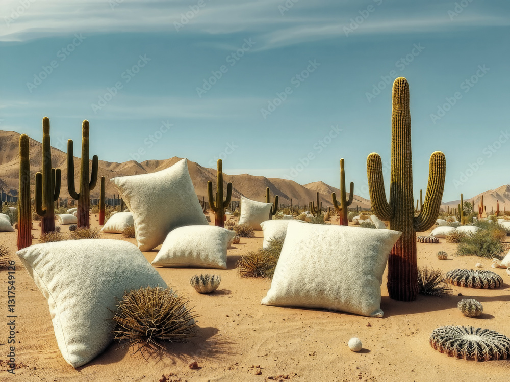 A desert scene with a bunch of pillows scattered around. The pillows are white and the desert is dry and barren
