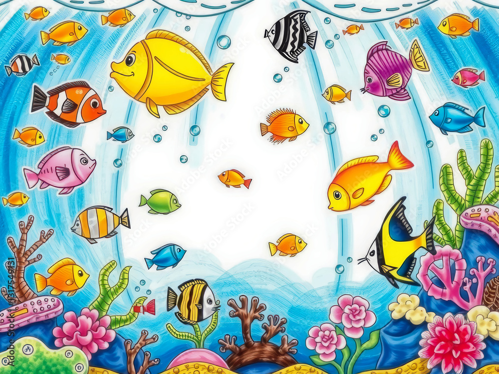 A colorful underwater scene with a variety of fish swimming around. Scene is cheerful and lively, as the fish are depicted as happy and playful. The scene is likely meant to evoke a sense of wonder