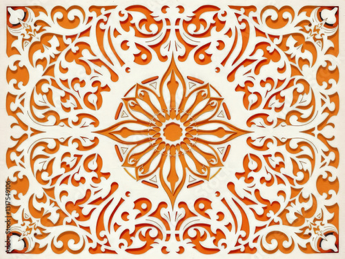 Obraz na płótnie A decorative piece of art with a flower design in the center. The flower is surrounded by intricate patterns and designs. Scene is elegant and sophisticated w salonie