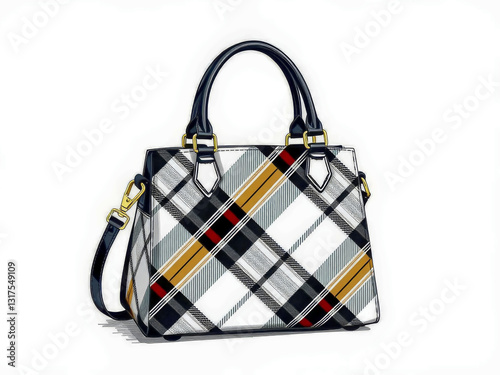 A plaid and white purse with gold hardware. The purse is a work of art and is designed to be a statement piece