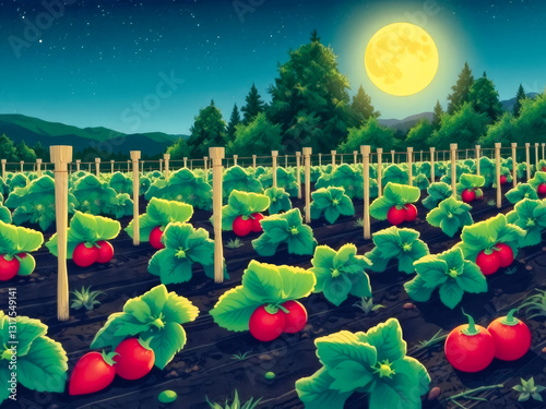 A field of red strawberries is illuminated by the light of the moon. The scene is peaceful and serene, with the moon casting a soft glow over the plants. Concept of calm and tranquility