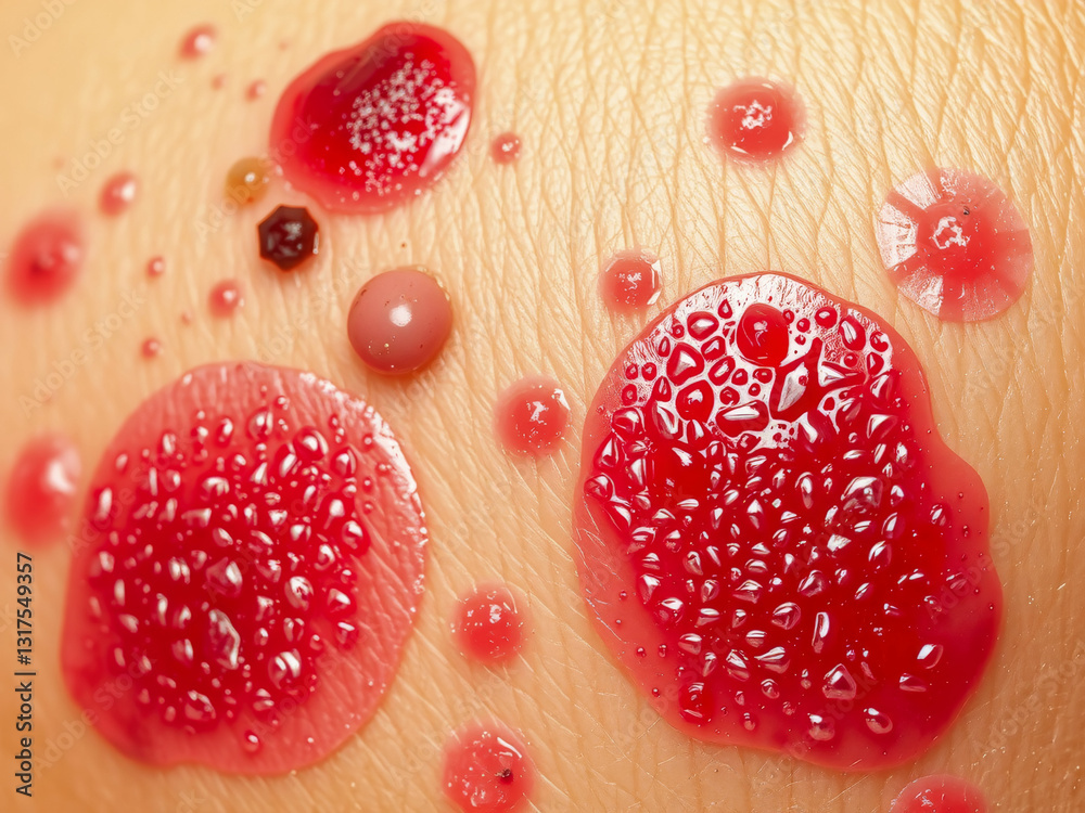 A person's arm is covered in red spots. The spots are small and red, and they are scattered all over the arm. Concept of discomfort and unease