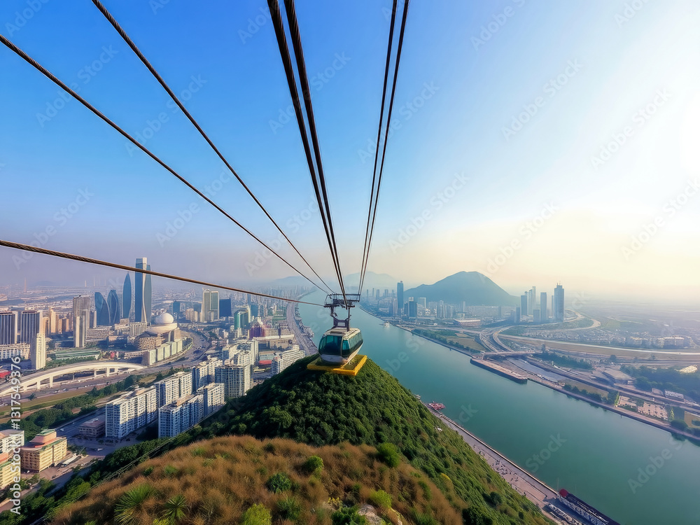 A cable car is suspended above a city with a river below. The cable car is yellow and green