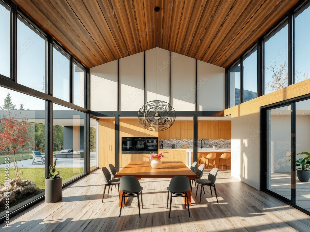 A large open space with a wooden ceiling and a large table with chairs around it. The room is well lit and has a modern feel
