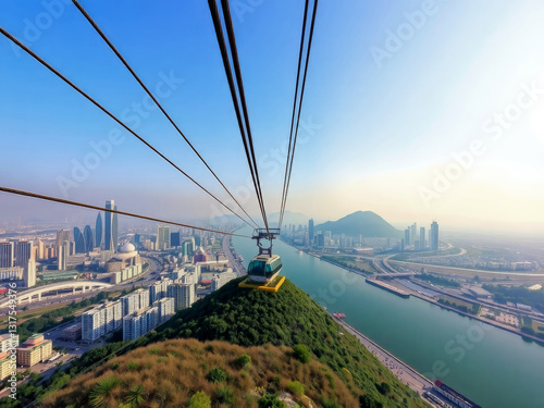 A cable car is suspended above a city with a river below. The cable car is yellow and green