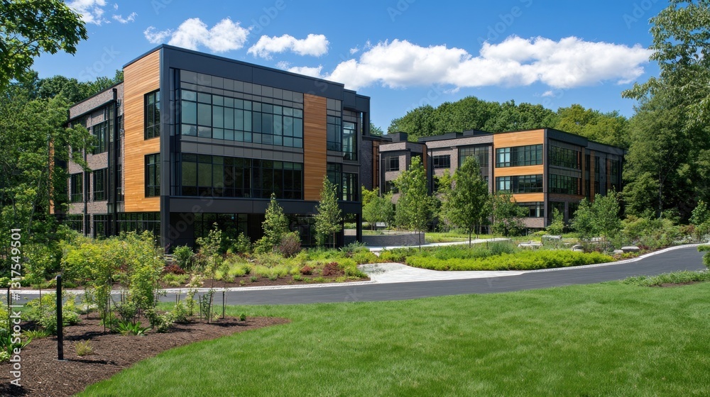 Fototapeta premium Modern Architectural Office Complex nestled in a lush green landscape