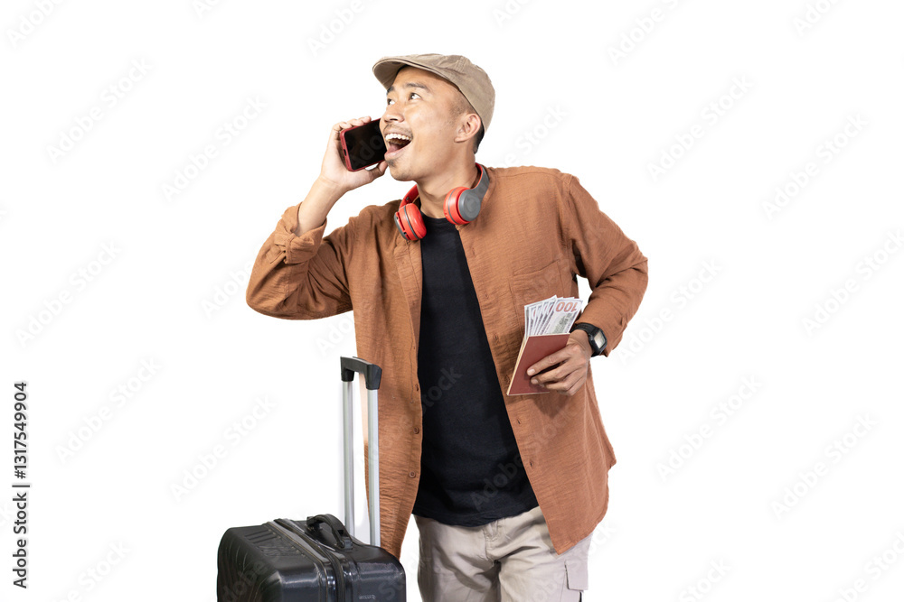 Naklejka premium Young Indonesian male traveler is on voice call while carrying suitcase while traveling, travel concept, isolated on white background.