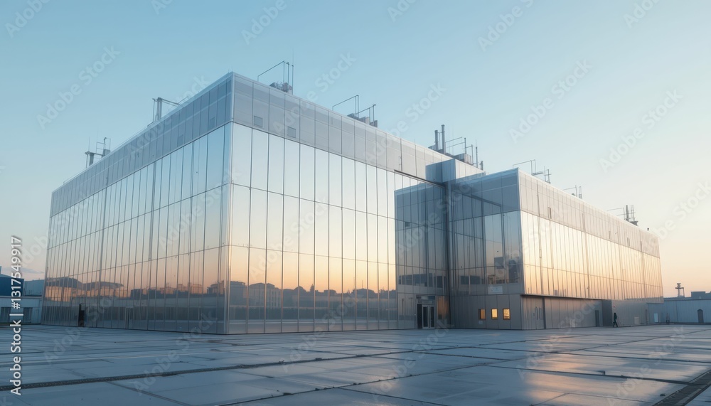 Modern Glass Building with Sunset Reflections on Exterior Facade Modern Glass Building with Sunset Reflections on Exterior Facade