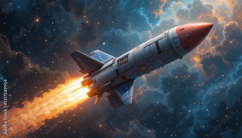 Fototapeta premium Rocket Launching Into Space With Bright Flames and Starry Background