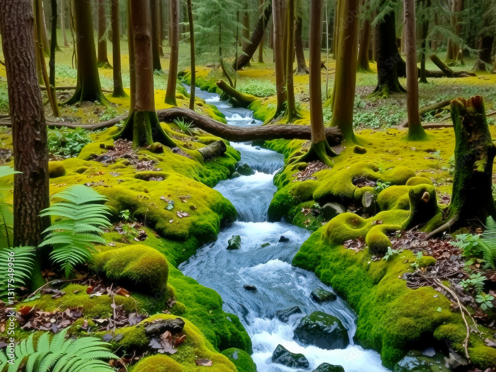 A stream of water flows through a forest with moss growing on the rocks. The water is clear and the moss is green, creating a peaceful and serene atmosphere