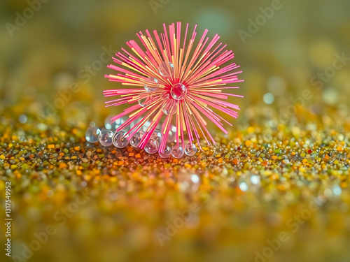 A pink flower with yellow and orange petals is on a sandy surface. The flower is surrounded by small beads, giving it a whimsical and playful appearance. Concept of joy and lightheartedness