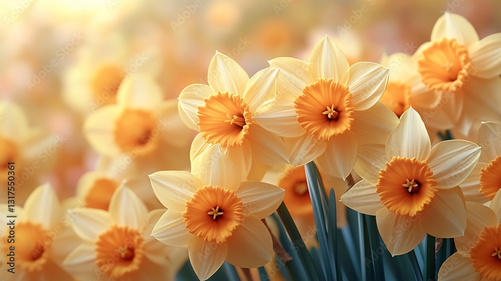 Fototapeta premium Close-up of pale yellow daffodils in sunlight.
