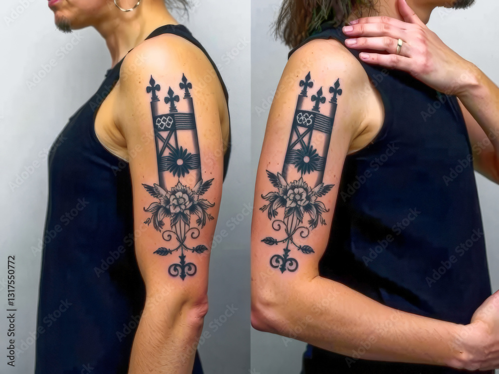 The tattoo on the arm is a flower with a cross. The tattoo artist has used a black and white color scheme