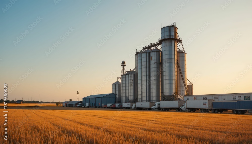 Grain Silos at Sunset with Trucks in Golden Wheat Field Landscape Grain Silos at Sunset with Trucks in Golden Wheat Field Landscape