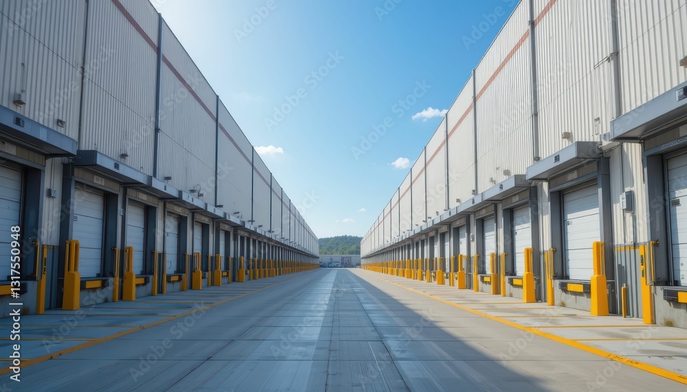Modern Warehouse with Loading Docks and Clear Blue Sky Modern Warehouse with Loading Docks and Clear Blue Sky