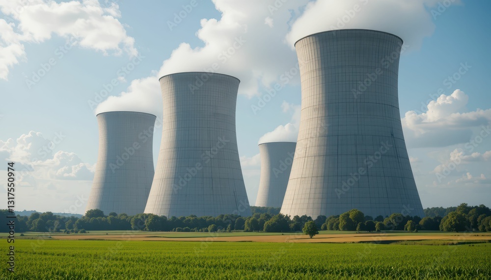Fototapeta premium Cooling Towers Surrounded by Green Fields Under Blue Sky
