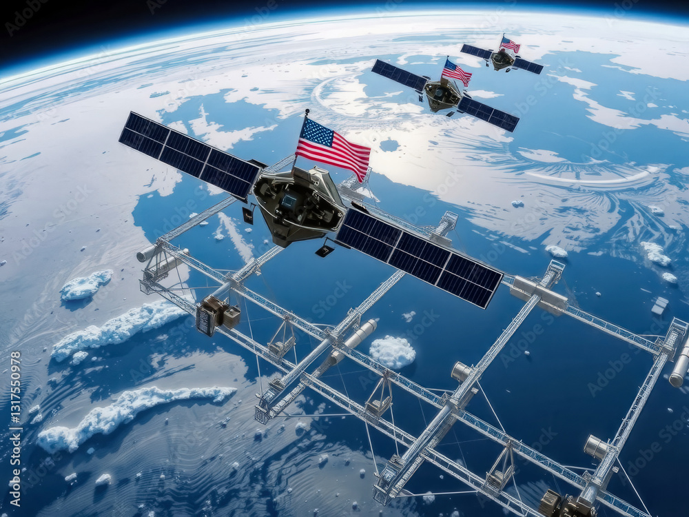Three satellites are flying in the sky above the ocean. One of the satellites is carrying a flag of the United States