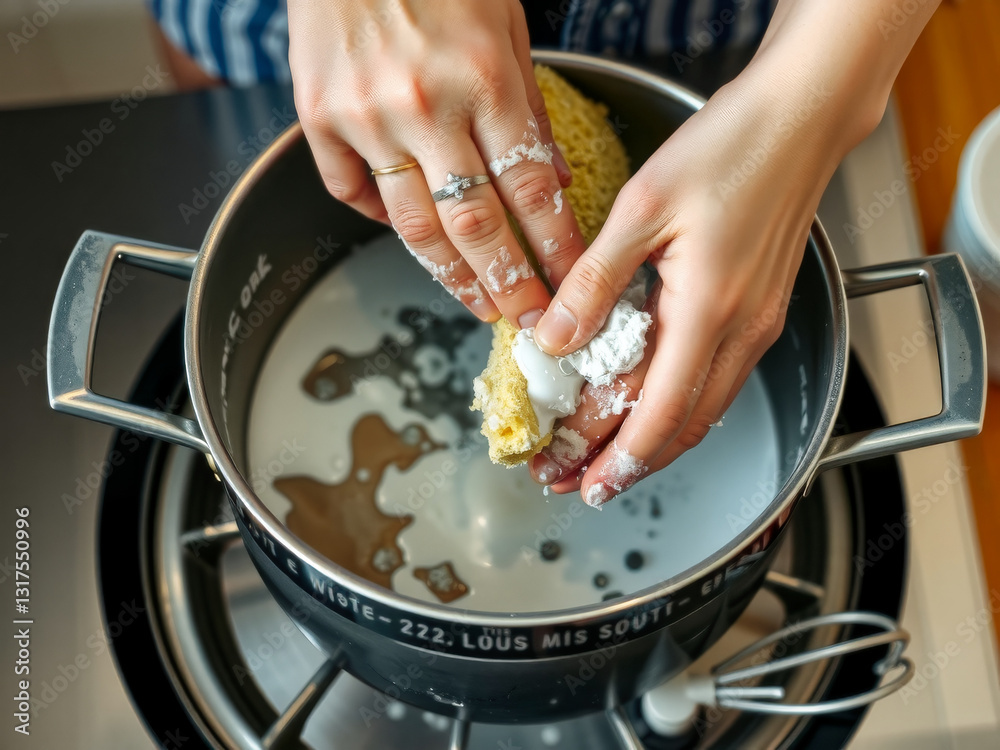 A woman is stirring a pot of food with a sponge. The pot is labeled with the number 22