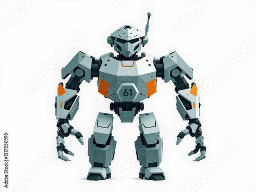 A robot with the number 61 on its chest. The robot is white and orange. It is standing on a white background