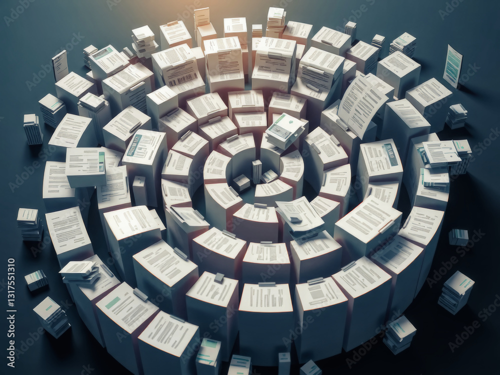 A pile of papers is arranged in a spiral shape. Concept of chaos and disorganization, as the papers are scattered and piled up in various directions