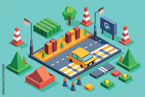 A vibrant isometric representation of road elements including trees, cones, and a yellow vehicle amidst construction, Set of Isometric road elements,