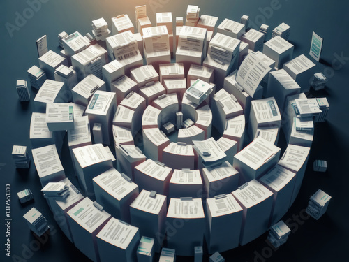 Obraz na płótnie A pile of papers is arranged in a spiral shape. Concept of chaos and disorganization, as the papers are scattered and piled up in various directions w salonie