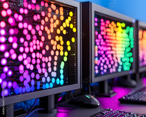 Colorful bokeh lights displayed on multiple computer screens in a row  Desk setup with keyboard and mouse