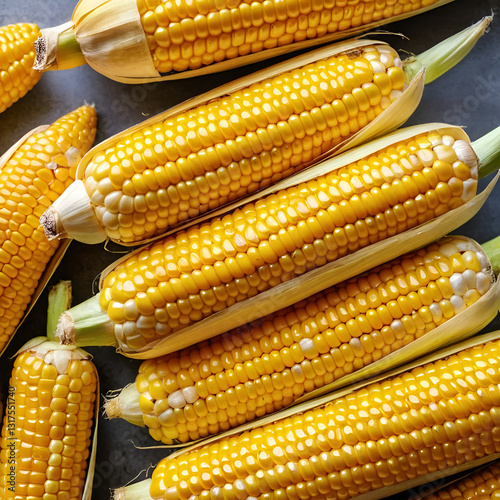 A pile of fresh, golden corn on the cob. Ready to be shucked and enjoyed!