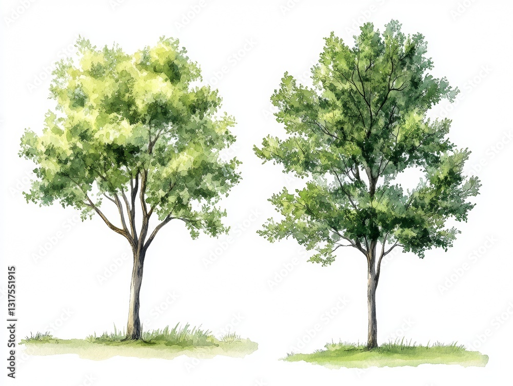 Obraz premium Watercolor Illustration of Two Trees in a Serene Landscape