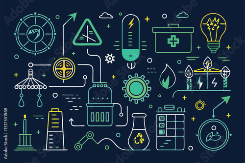 A collection of linear icons illustrating diverse concepts related to energy production and conservation, Set of linear icons related to energy,