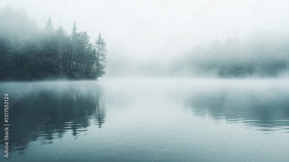 Misty Morning Lake Reflection: Serene Forest Scene in Foggy Waters