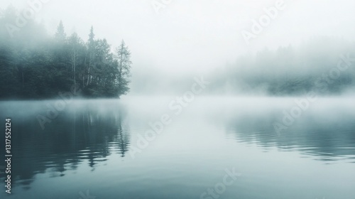 Obraz na płótnie Misty Morning Lake Reflection: Serene Forest Scene in Foggy Waters w salonie