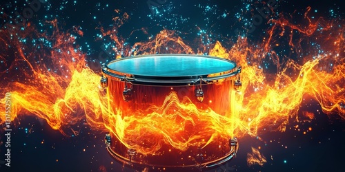 A fiery snare drum radiating intense energy waves in a cosmic abstract representation of music, rhythm, and sound vibrations