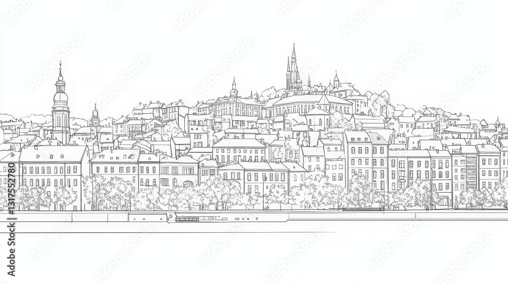 Fototapeta premium Belgrade Serbia Cityscape Coloring Page - A detailed line art coloring page depicting the Belgrade, Serbia cityscape. Five symbolic concepts include architecture, history, urban life, river views