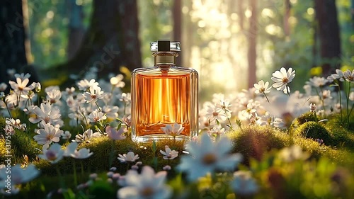 Elegant perfume bottle surrounded by blooming flowers in a serene forest (1)