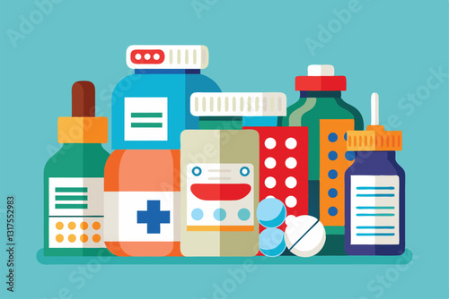 A diverse assortment of medications is arranged neatly on a surface, showcasing various containers and labels, Set of medications