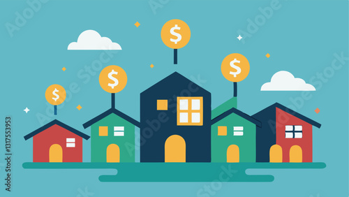Home Symbols with Dollar Signs Icons of homes surrounded by dollar signs showing how investing in REITs can lead to financial gains without owning physical properties.