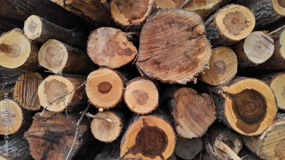 Logs of pine and spruce trees, trunks pile. Sawn trees from the wild forest. Logging timber wood industry. Lumberjack mill with cut trees. Rows of piled tree logs at the local rural lumber yard. Logs of pine and spruce trees, trunks pile. Sawn trees from the wild forest. Logging timber wood industry. Lumberjack mill with cut trees. Rows of piled tree logs at the local rural lumber yard.