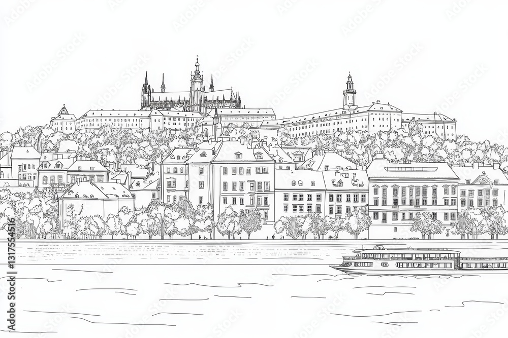 Bratislava Skyline Coloring Page - A detailed line art coloring page depicting Bratislava Castle and the city skyline, symbolizing history, architecture, tourism, cityscape, and cultural heritage Bratislava Skyline Coloring Page - A detailed line art coloring page depicting Bratislava Castle and the city skyline, symbolizing history, architecture, tourism, cityscape, and cultural heritage