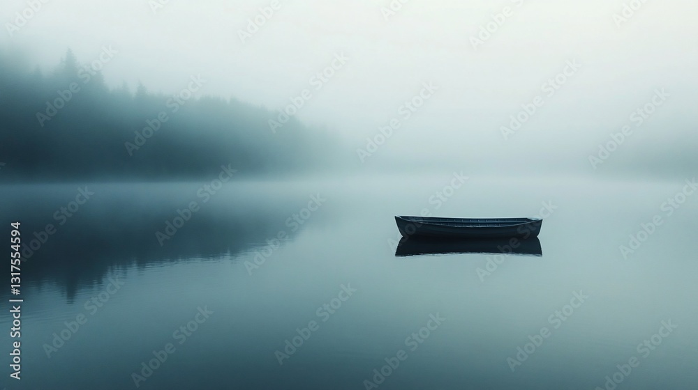 Misty Morning Serenity: A Lone Boat on a Still Lake, Reflected in the Calm Waters, Surrounded by Foggy Forest