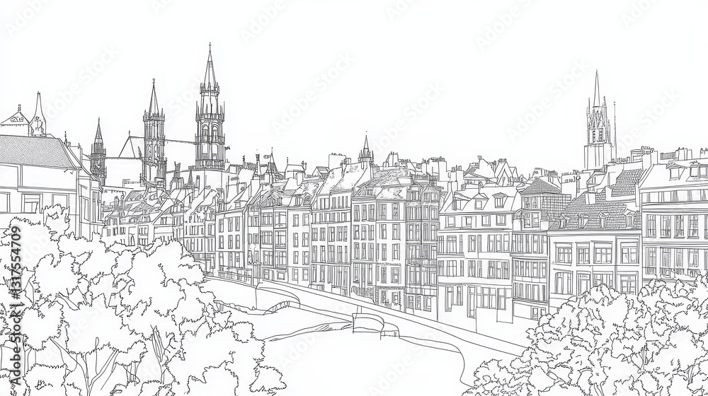 Fototapeta premium Brussels Belgium Cityscape Line Art Coloring Page - A detailed line art coloring page depicting the Brussels cityscape. Features architecture, trees, a canal, and a church spire, symbolizing history