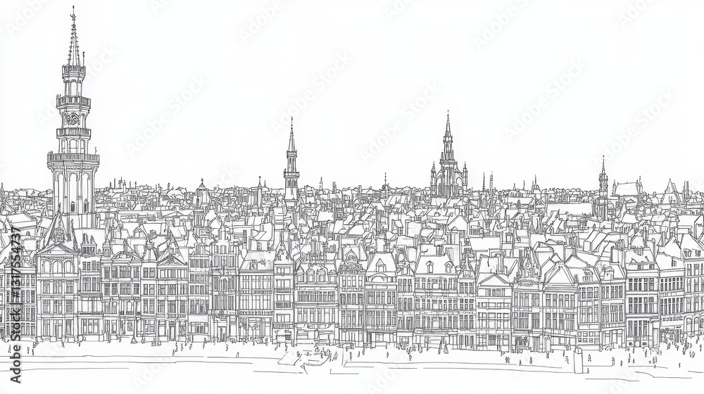 Obraz premium Brussels Cityscape Line Art Coloring Page - A detailed line art coloring page depicting the Brussels cityscape, symbolizing architecture, history, travel, urban life